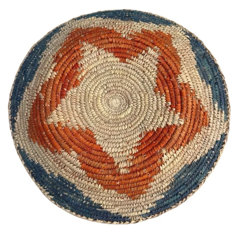 Vintage Navajo Style Handwoven Wedding  Basket Star Orange Blue 15 1/2